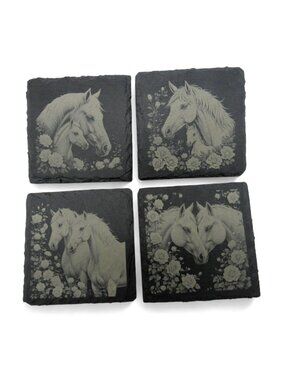 Slate Horse Coasters Floral Gray Engraved Square Set of 4